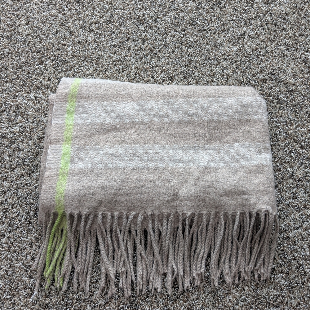 Beige Fringe Wool Blend Scarf with Lime Accent